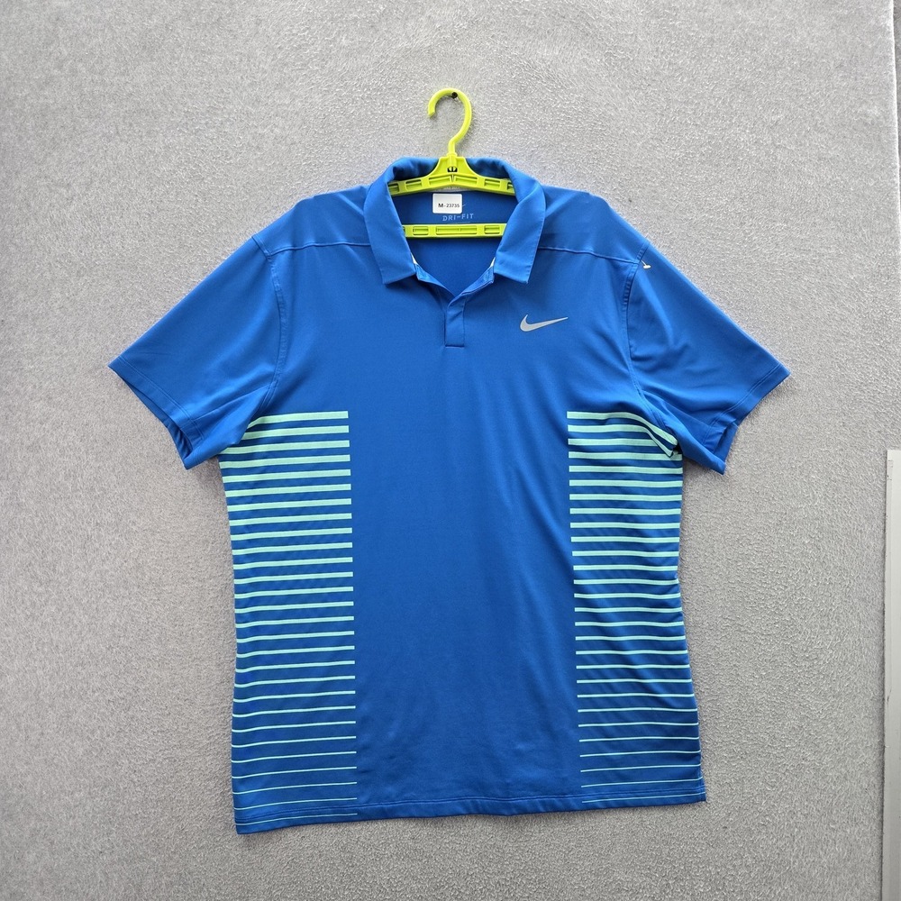 Nike Men Polo XL Blue Striped Swoosh Logo Dri-Fit Golf Shirt Short Sleeve